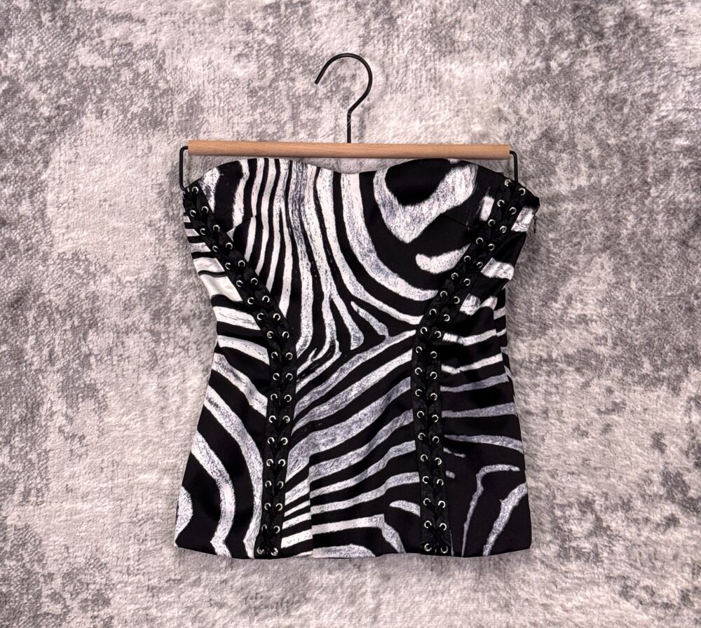 Vintage Roberto Cavalli Corset Top 38 / US XS Women Y2K Satin Zebra Bondage Lace